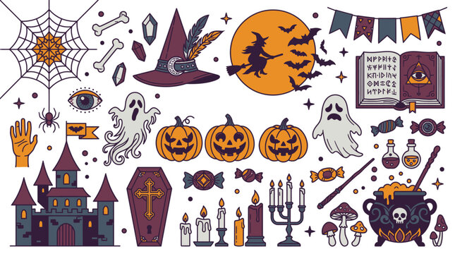 Ensemble d'ic&ocirc;nes vectorielles pour Halloween comprenant des citrouilles, une sorci&egrave;re sur un balai, un ch&acirc;teau hant&eacute;, des fant&ocirc;mes et des accessoires magiques sur fond blanc