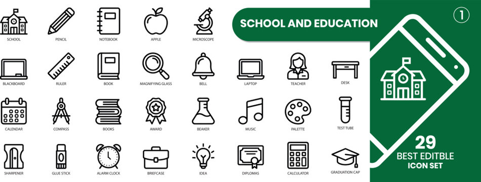 School and education icon set 29 editable icons. Education and Learning thin line icons set. Education, School, Learning editable stroke icons. Vector illustration