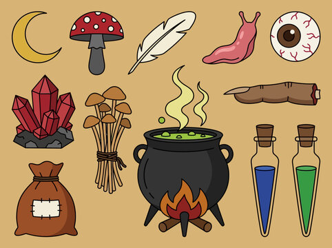 Magical Witchcraft Alchemy Ingredient Collection with Cauldron and Potions