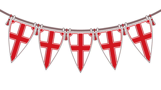 Eine dekorative Wimpelkette mit der Flagge von England, bestehend aus f&uuml;nf wei&szlig;en dreieckigen Wimpeln mit rotem Georgskreuz, isoliert auf einem rein wei&szlig;en Hintergrund f&uuml;r Feiern.