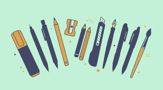 Conjunto de ilustra&ccedil;&otilde;es planas de materiais de escrit&oacute;rio e arte, incluindo canetas, l&aacute;pis, estilete, pincel e apontador, dispostos sobre um fundo verde claro para design criativo.