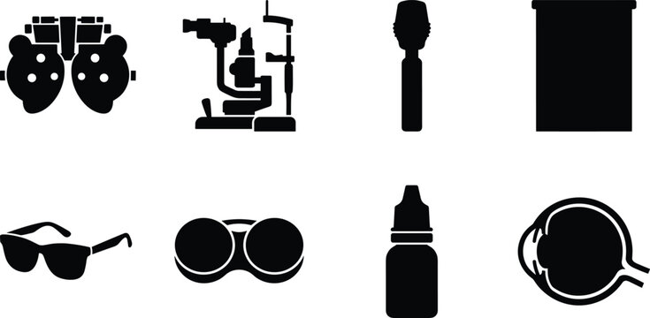 Ophthalmology and optometry eye care clinic vector icons set with phoropter slit lamp eyeglasses and cross section anatomy