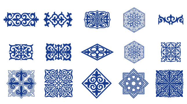 Conjunto de elementos decorativos com padr&otilde;es ornamentais tradicionais do Cazaquist&atilde;o em azul sobre um fundo branco isolado, ideais para design gr&aacute;fico e projetos culturais.