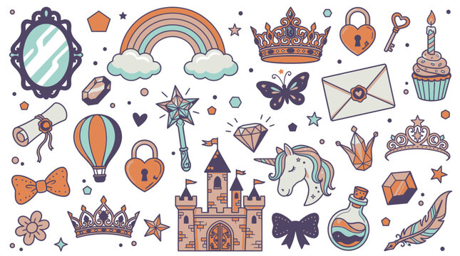 Ensemble d'autocollants mignons sur le th&egrave;me de la fantaisie avec des licornes, des ch&acirc;teaux, des couronnes, des arcs-en-ciel et des &eacute;l&eacute;ments magiques dessin&eacute;s dans un style doodle color&eacute;