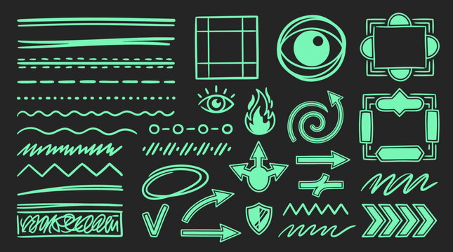 Conjunto de elementos gr&aacute;ficos de n&eacute;on verde brilhante com linhas, setas, molduras, &iacute;cones de olhos e s&iacute;mbolos abstratos isolados em um fundo escuro para design criativo