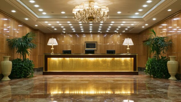 Luxurious hotel lobby with a gilded reception desk, ornate chandelier, and plants