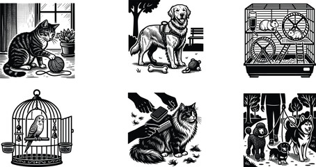 Set of black and white woodcut style pet care icons featuring cats, dogs, hamsters, and birds © ORCHONA