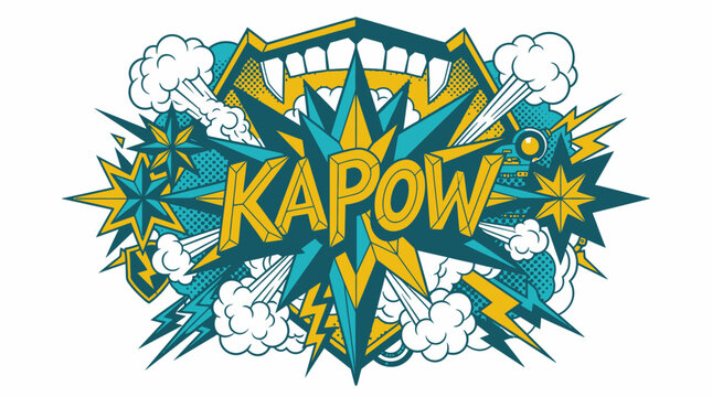 Ilustra&ccedil;&atilde;o vetorial vibrante com a palavra KAPOW em estilo de hist&oacute;ria em quadrinhos, apresentando elementos gr&aacute;ficos explosivos, estrelas, nuvens de fuma&ccedil;a e raios em tons de azul e amarelo.