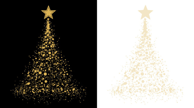 Arbre de No&euml;l stylis&eacute; compos&eacute; de particules dor&eacute;es scintillantes sur fond noir et blanc pour des designs festifs &eacute;l&eacute;gants et des cartes de v&oelig;ux minimalistes