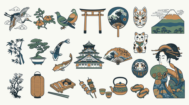 Eine Sammlung von japanischen Symbolen und kulturellen Elementen im flachen Vektor-Design, einschlie&szlig;lich Geisha, Fuji, Torii-Tor, Koi-Karpfen, Bonsai und traditionellem Essen.
