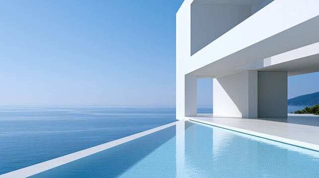 Sleek modern architecture meets vast ocean vista, infinity pool reflecting sky