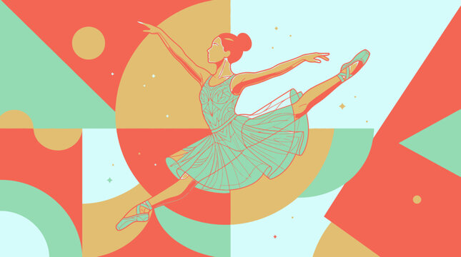 Illustration vectorielle d'une danseuse de ballet gracieuse effectuant un saut dynamique sur un fond g&eacute;om&eacute;trique abstrait aux couleurs pastel vives et modernes
