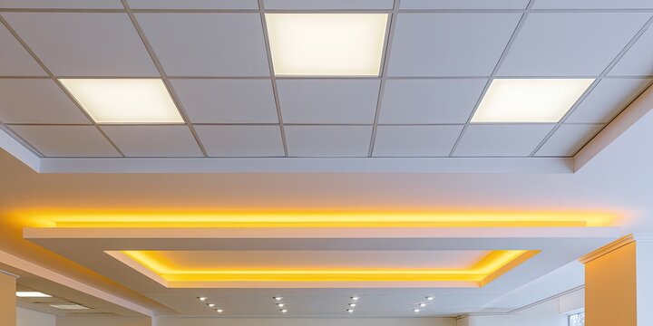 Modern recessed ceiling with illuminated soffit and grid lighting