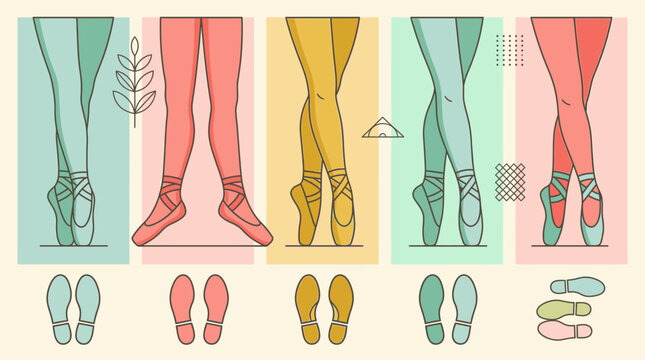 Ilustraci&oacute;n vectorial plana de piernas de bailarinas de ballet con zapatillas de punta en diferentes posiciones y colores pastel sobre un fondo decorativo con elementos gr&aacute;ficos geom&eacute;tricos