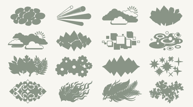 Ensemble d'ic&ocirc;nes vectorielles plates repr&eacute;sentant divers &eacute;l&eacute;ments naturels, formes g&eacute;om&eacute;triques, motifs abstraits et symboles m&eacute;t&eacute;orologiques sur un fond clair minimaliste.
