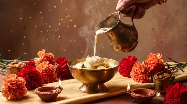 Brass pitcher pouring milk over rasmalai in brass bowl with marigold flowers and clay diyas