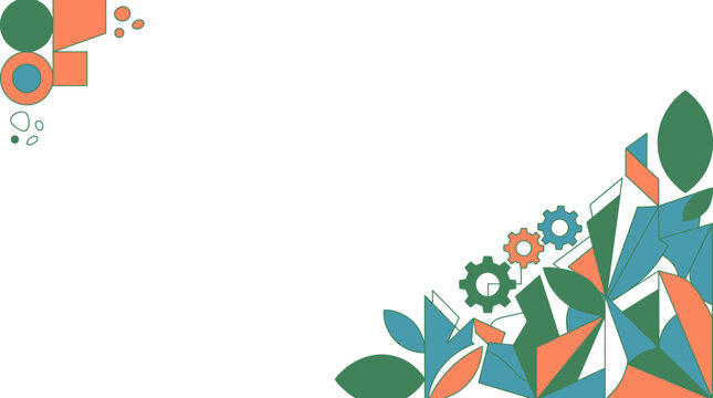Abstrakter Hintergrund mit geometrischen Formen, Zahnr&auml;dern und organischen Blattelementen in einer modernen Farbpalette aus Gr&uuml;n, Blau und Orange mit viel Platz f&uuml;r Text.