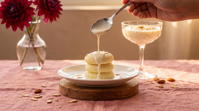 Hand spooning condensed milk over stacked rasmalai patties on white plate beside dahlia and basundi