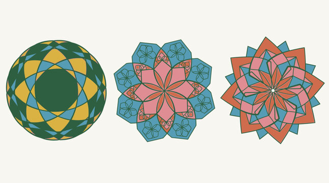 Conjunto de tr&ecirc;s mandalas geom&eacute;tricas coloridas com padr&otilde;es florais e sim&eacute;tricos em estilo minimalista, isoladas em um fundo bege claro para design gr&aacute;fico e elementos decorativos.