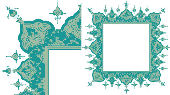 Conjunto de molduras decorativas com ornamentos florais em estilo isl&acirc;mico e arabesco, apresentando padr&otilde;es geom&eacute;tricos detalhados em tons de verde-azulado sobre fundo branco isolado.