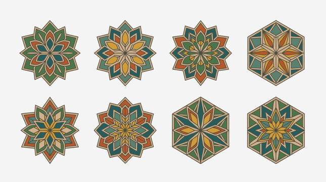 Conjunto de oito elementos decorativos geom&eacute;tricos com padr&otilde;es florais e mandalas em tons terrosos de verde, laranja e amarelo, isolados sobre um fundo claro para design gr&aacute;fico.