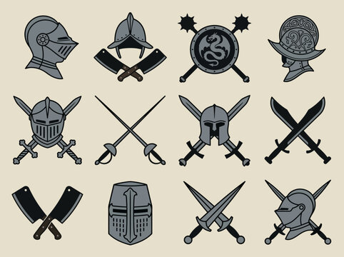 Medieval Knight Equipment Icons: Helmets, Swords, Shields, and Weapons Vector Set