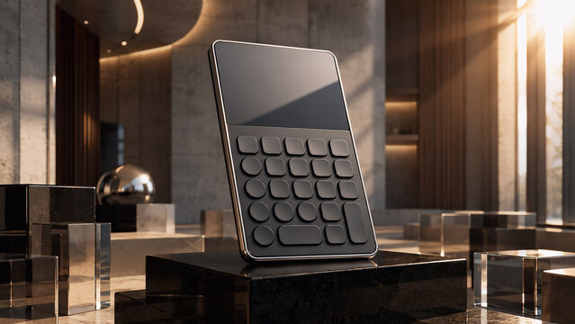 Modern Minimalist Digital Calculator Device on a Marble Podium