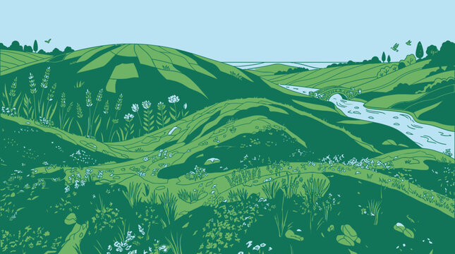 Ilustra&ccedil;&atilde;o vetorial estilizada de uma paisagem rural serena com colinas verdes, um rio sinuoso e vegeta&ccedil;&atilde;o exuberante sob um c&eacute;u claro, capturando a tranquilidade da natureza em tons de verde.