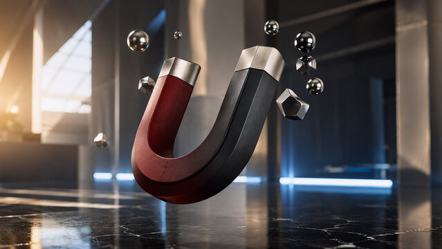 Horseshoe Magnet Attracting Floating Metallic Spheres in Office