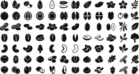 Nuts, seeds, and leaves silhouette vector icon set. Minimalist organic walnut, almond, peanut, pistachio, cashew, hazelnut, acorn, and forest foliage clipart collection © ahmda_islam