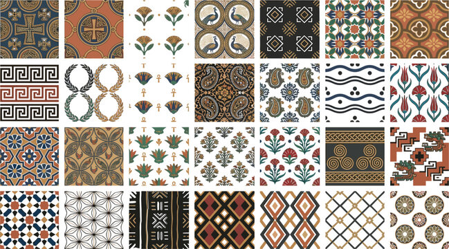 Large variety bundle of historical seamless pattern tiles featuring ancient Greek meander, Egyptian lotus, Byzantine crosses, and diverse ethnic cultural vector ornaments