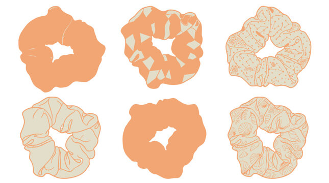 Conjunto de seis el&aacute;sticos de cabelo scrunchies em tons past&eacute;is de p&ecirc;ssego e bege, apresentando diferentes texturas e padr&otilde;es de tecido, isolados em um fundo branco para design de moda.