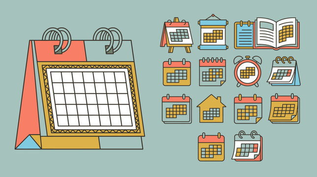 Colecci&oacute;n de iconos de calendario de estilo plano con varios dise&ntilde;os de planificadores, agendas y recordatorios de tiempo para organizaci&oacute;n de tareas y gesti&oacute;n de proyectos