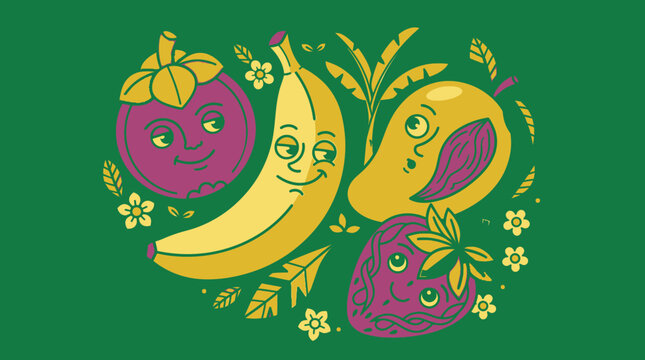 Eine charmante Illustration von tropischen Fr&uuml;chten mit freundlichen Gesichtern, darunter eine Banane, eine Mangostanfrucht, eine Mango und eine Erdbeere auf einem gr&uuml;nen Hintergrund.