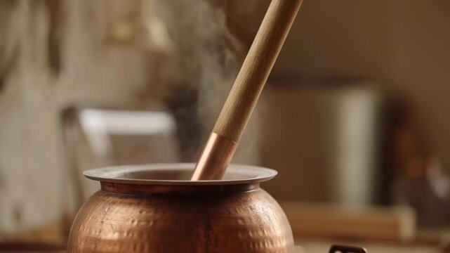 Wooden pestle with metal ferrule angled into hammered copper mortar with steam rising in warm rustic kitchen light, with copper, pestle, mortar, wood detail, showing ferrule, hammered, patina