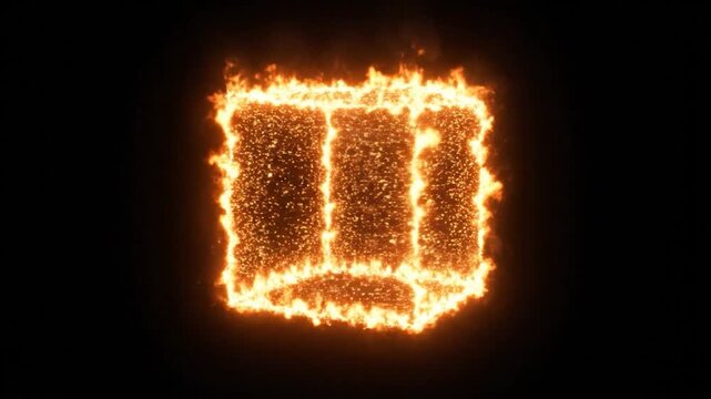 Fiery Square Symbol Exploding with Sparks and Flames in Dark Background.