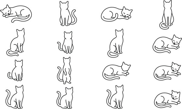 Minimal black outline cat pose collection featuring sitting and sleeping feline line art icons for pet themed designs