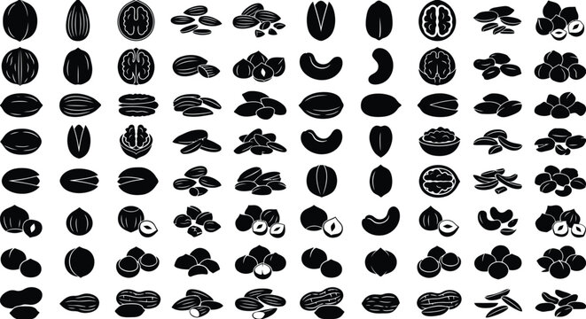 Nuts and seeds silhouette vector icon set. Minimalist assortment of walnut halves, shelled almonds, pistachios, cashews, hazelnuts, peanuts, and raw seed clusters clipart collection 