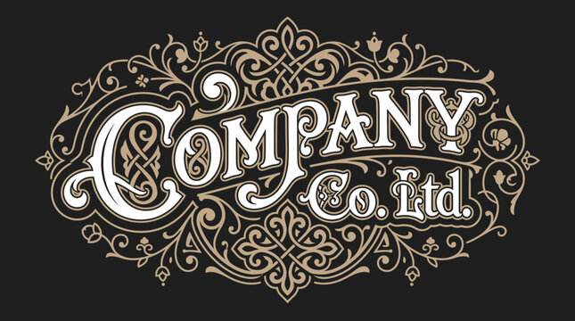 Design de logotipo vintage com tipografia ornamental elegante e detalhes florais intrincados em estilo vitoriano cl&aacute;ssico, isolado em um fundo escuro para identidade visual corporativa.
