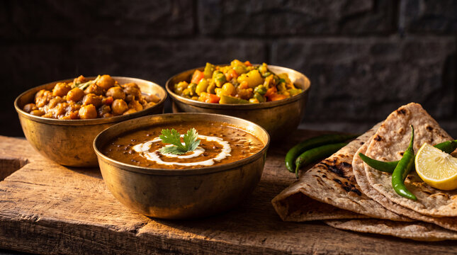 Indian brass bowls of chana masala mixed vegetables and dal makhani with grilled roti
