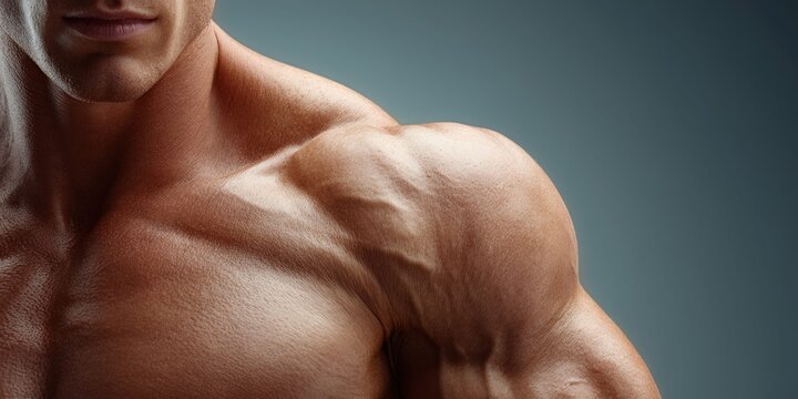Close-up of a man's sculpted shoulder and neck muscles, highlighting definition and vascularity