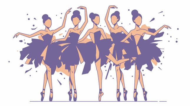 Ilustraci&oacute;n vectorial minimalista de un grupo de cinco bailarinas de ballet con tut&uacute;s morados realizando una coreograf&iacute;a elegante sobre un fondo blanco limpio y moderno