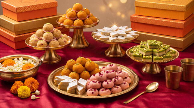 Indian sweets assortment of ladoo barfi kaju katli and peda on brass platters with gift boxes