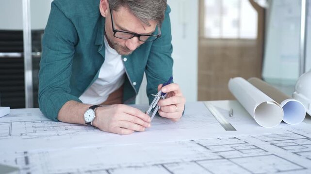 Male architect in glasses sketching plans with a compass on blueprints, working on building design project. Architecture and business concept