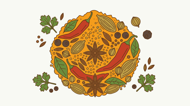 Ilustra&ccedil;&atilde;o vetorial plana de um c&iacute;rculo composto por especiarias arom&aacute;ticas, incluindo pimentas vermelhas, anis estrelado, cardamomo e folhas verdes sobre um fundo branco limpo.