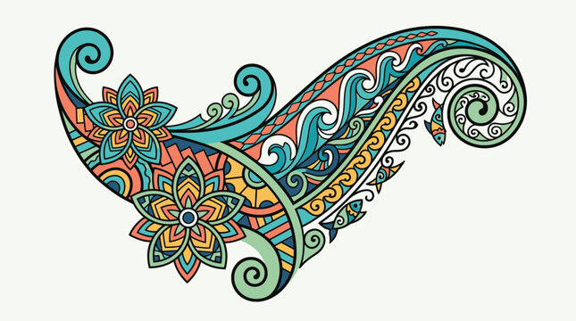 Motif d&eacute;coratif complexe et color&eacute; avec des &eacute;l&eacute;ments floraux et des motifs ondul&eacute;s sur fond blanc.