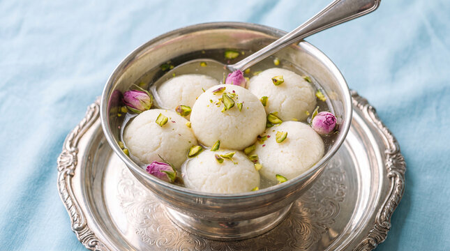 White rasgulla sweet balls in sugar syrup with pistachio and rose buds on ornate silver tray