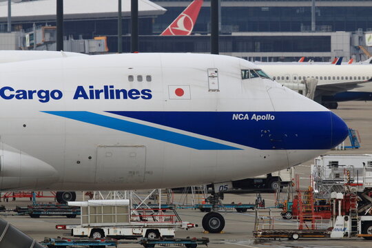 Nippon Cargo Airlines (NCA) Boeing 747 parked on the cargo apron on November 6, 2014 in Narita, Tokyo, Japan.