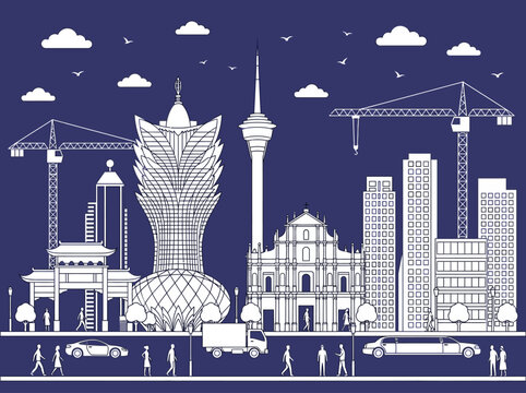 Macau Skyline Vector Illustration Featuring Grand Lisboa, Macau Tower, and Ruins of St. Paul's in Blue and White Line Art