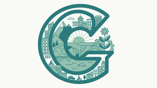 Ilustraci&oacute;n vectorial de la letra G estilizada que contiene elementos de paisaje urbano, naturaleza, monta&ntilde;as, sol, edificios, engranajes y una flor en un dise&ntilde;o de arte lineal verde.